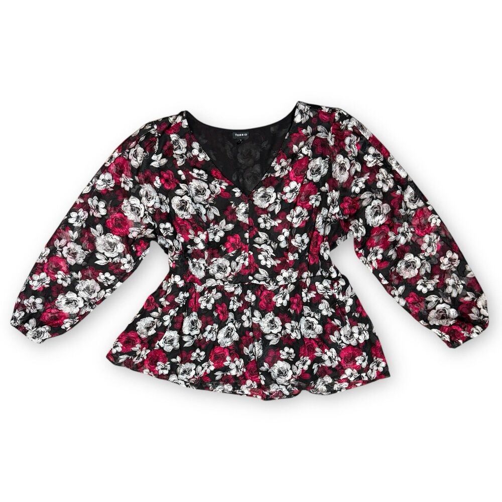 Torrid Floral Peplum Top Size 3X Red Black Whimsigoth Boho Cottagecore Darkfairy